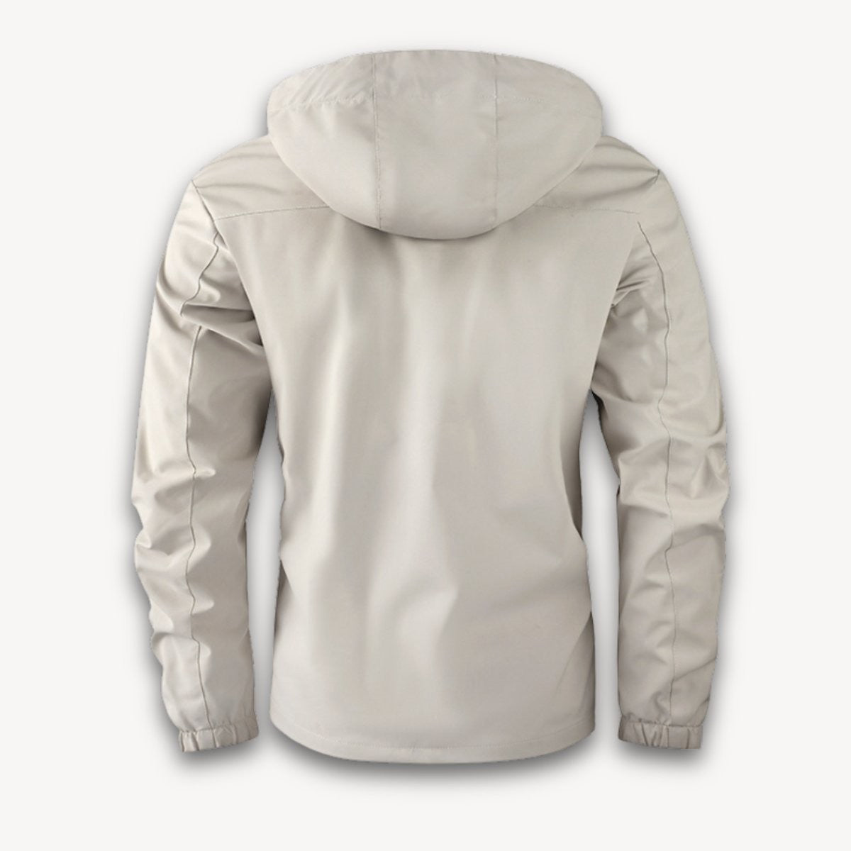 Rear view of stone-coloured hooded jacket showing seam detailing