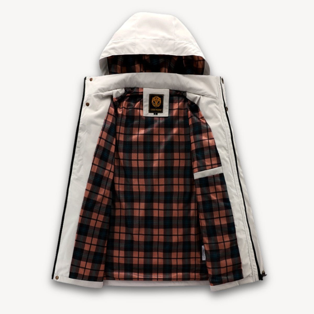 Stone-coloured jacket unzipped revealing tartan check inner lining