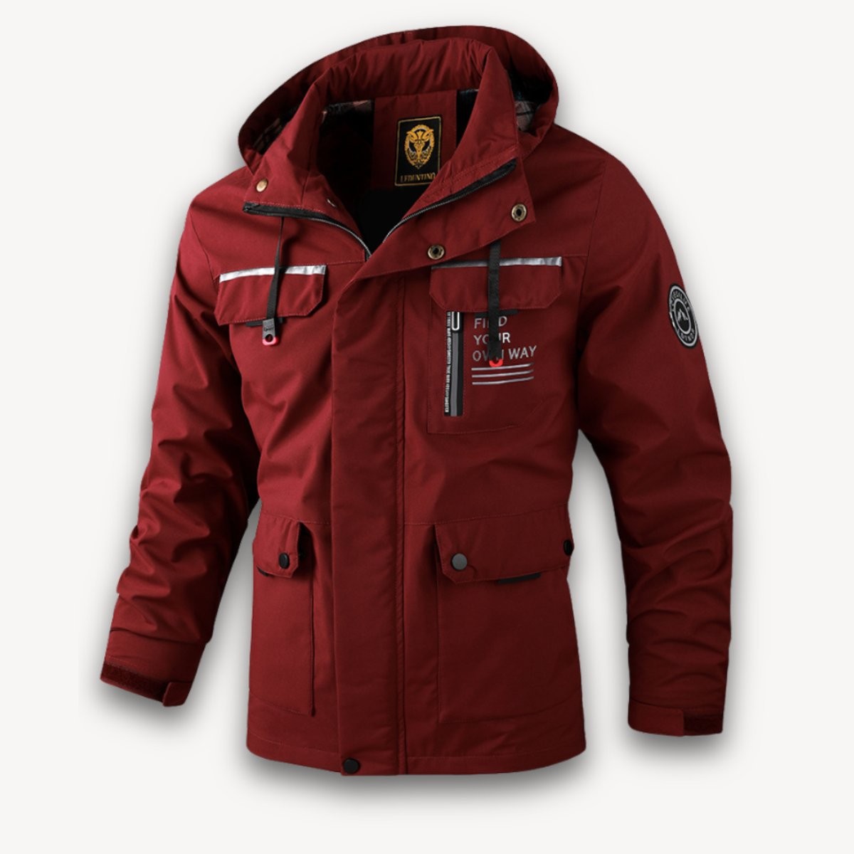 Burgundy hooded jacket with cargo pockets and reflective trim detailing