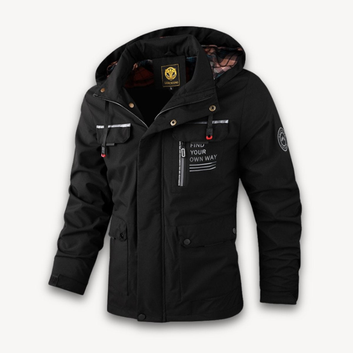 Black hooded jacket featuring multiple pockets and tartan lining glimpse