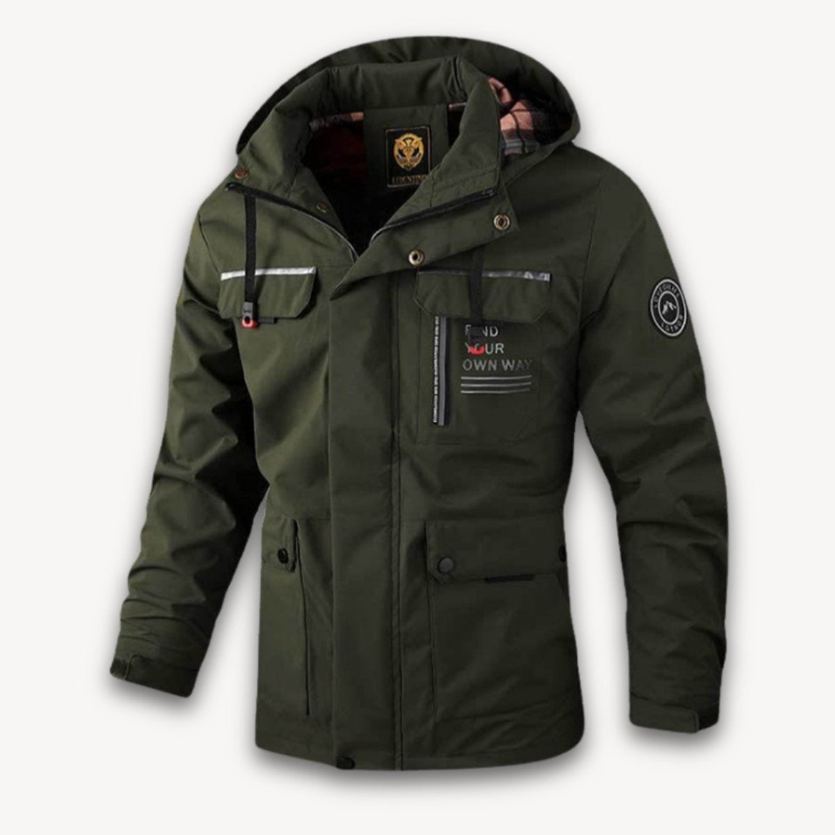 Khaki green hooded jacket with cargo pockets and reflective accents