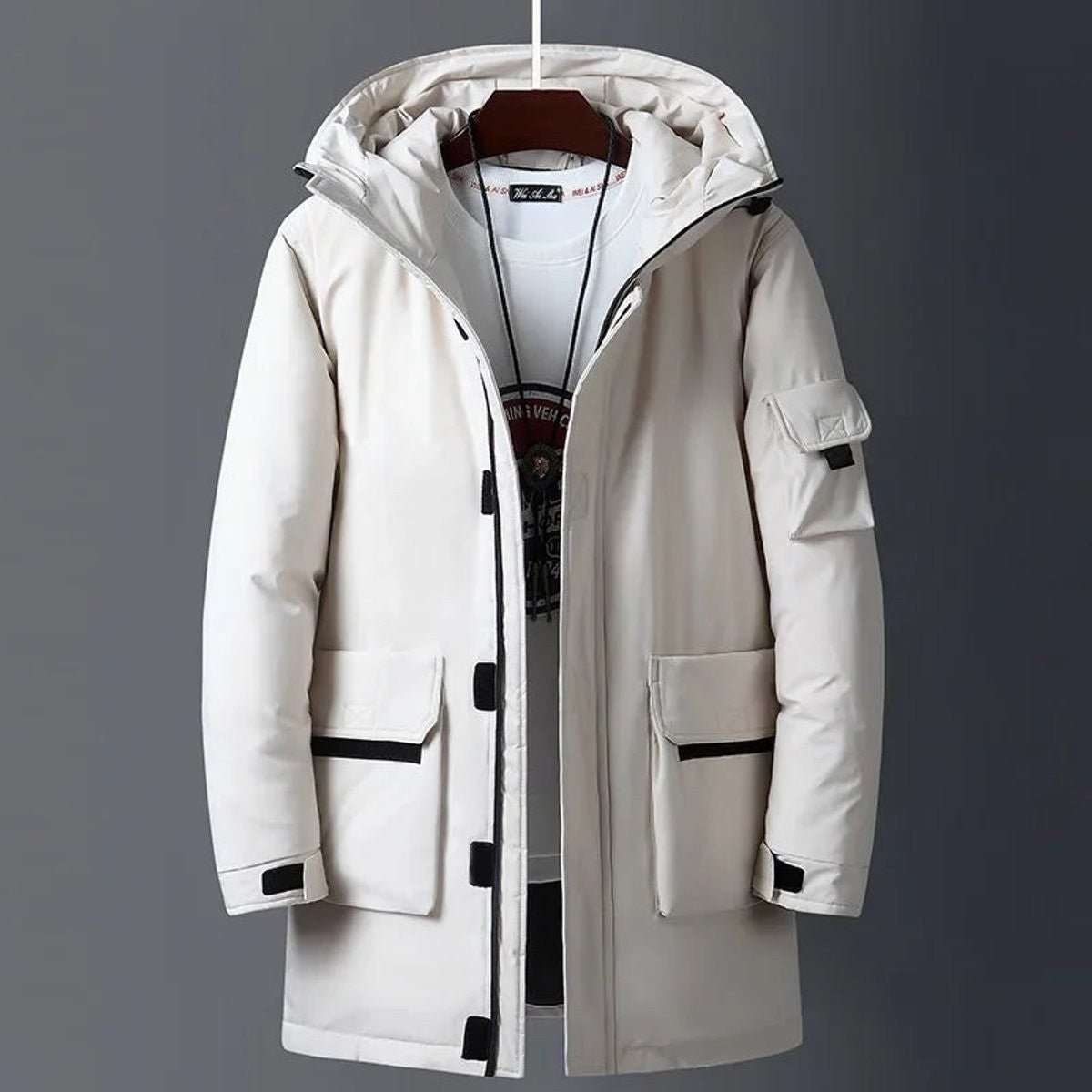 Beige hooded parka with padded sleeve pocket and flap pockets, men's winter coat