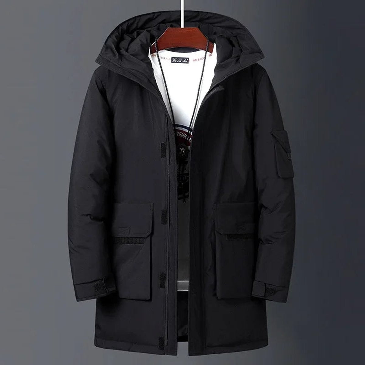 Black hooded padded parka with flap pockets, men's waterproof winter jacket