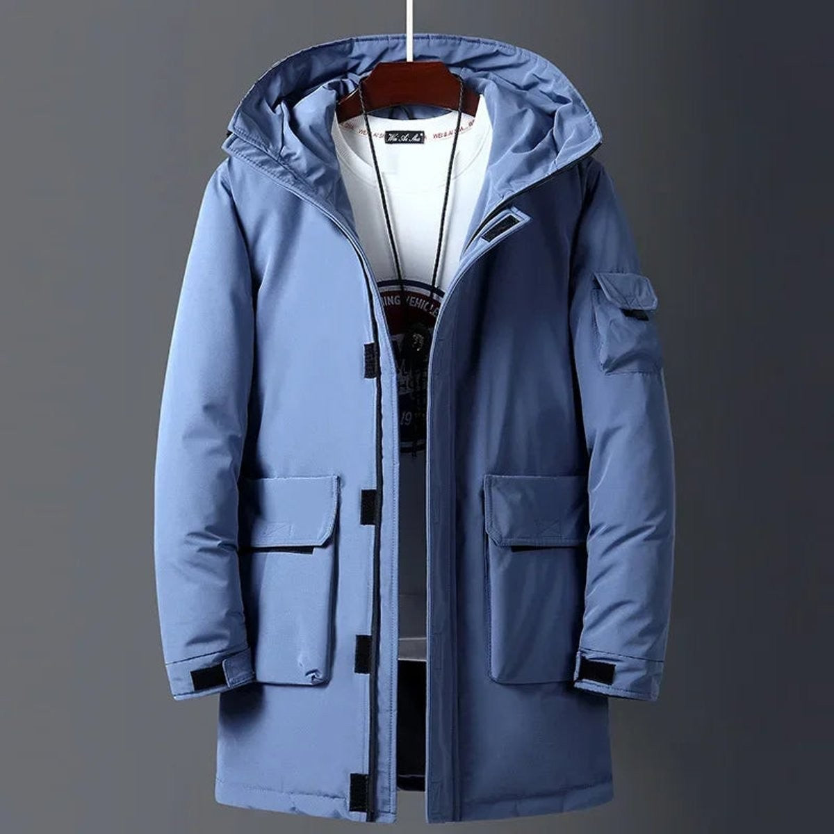 Blue hooded padded parka with sleeve pocket, men's long winter coat