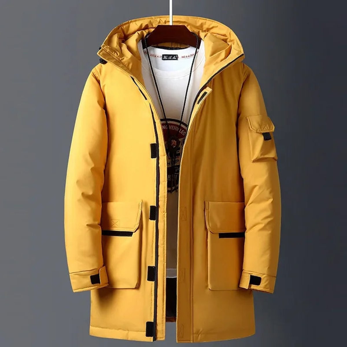 Yellow hooded padded parka with flap pockets, men's insulated winter jacket