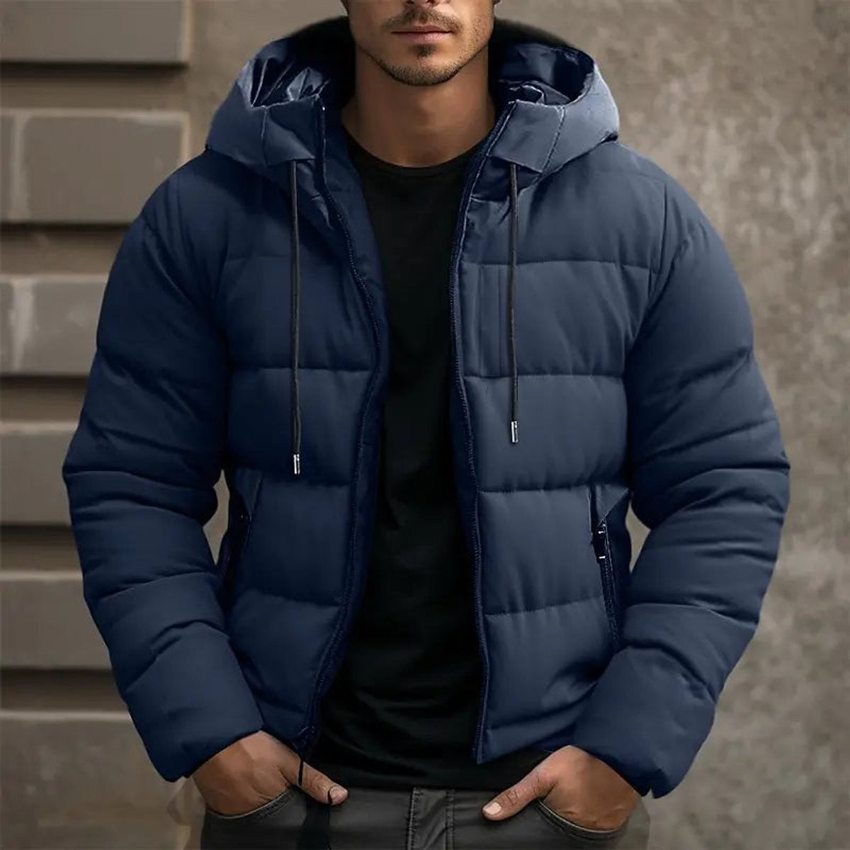Navy quilted puffer jacket with hood, worn zip-front over black t-shirt
