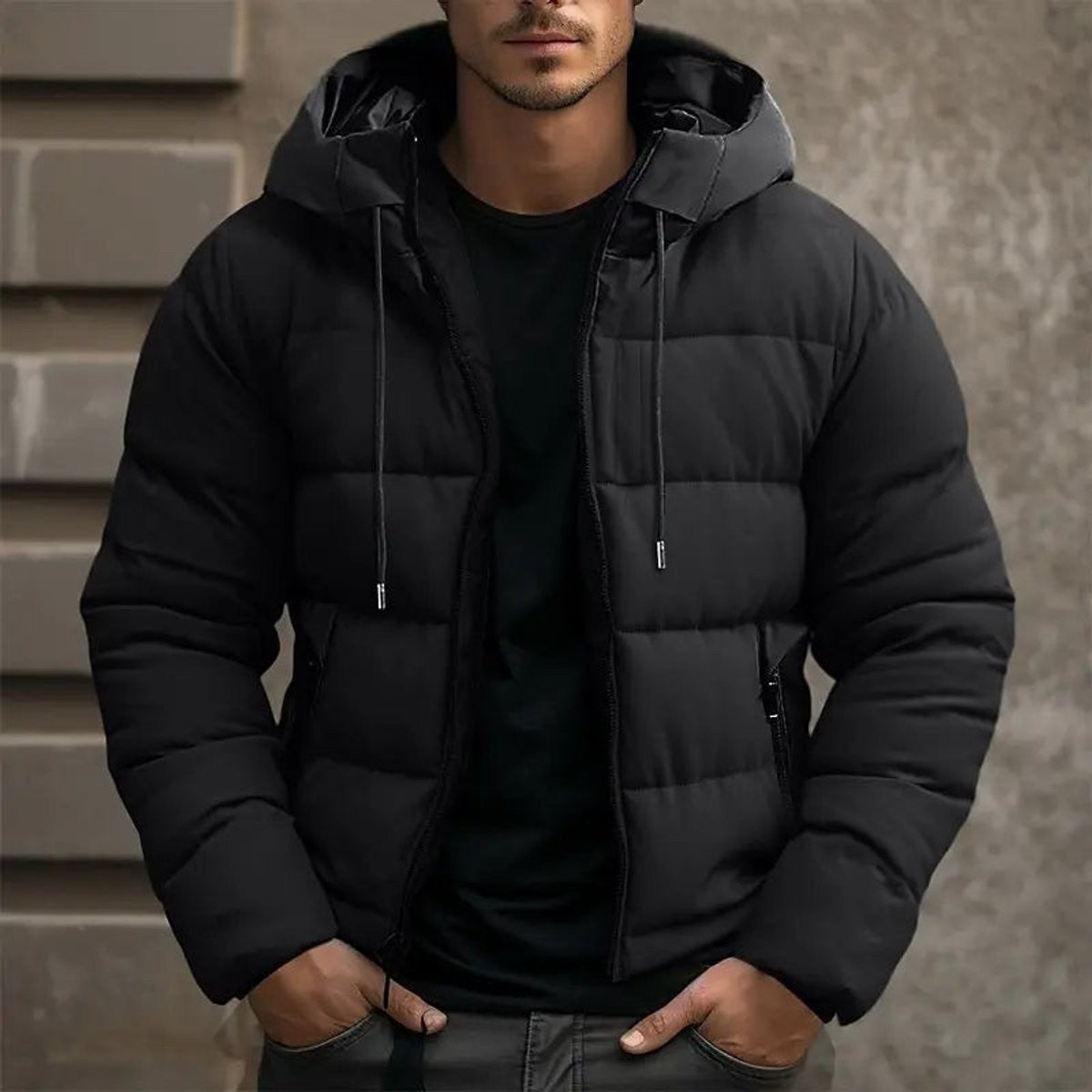 Black hooded puffer jacket featuring quilted panels and drawstring hood