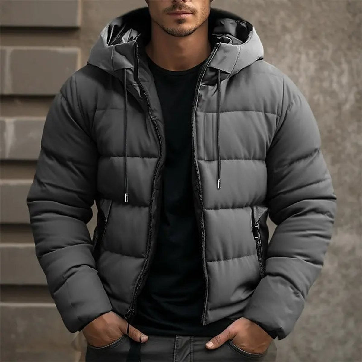 Grey quilted puffer jacket with hood, zip pockets and drawstring detail