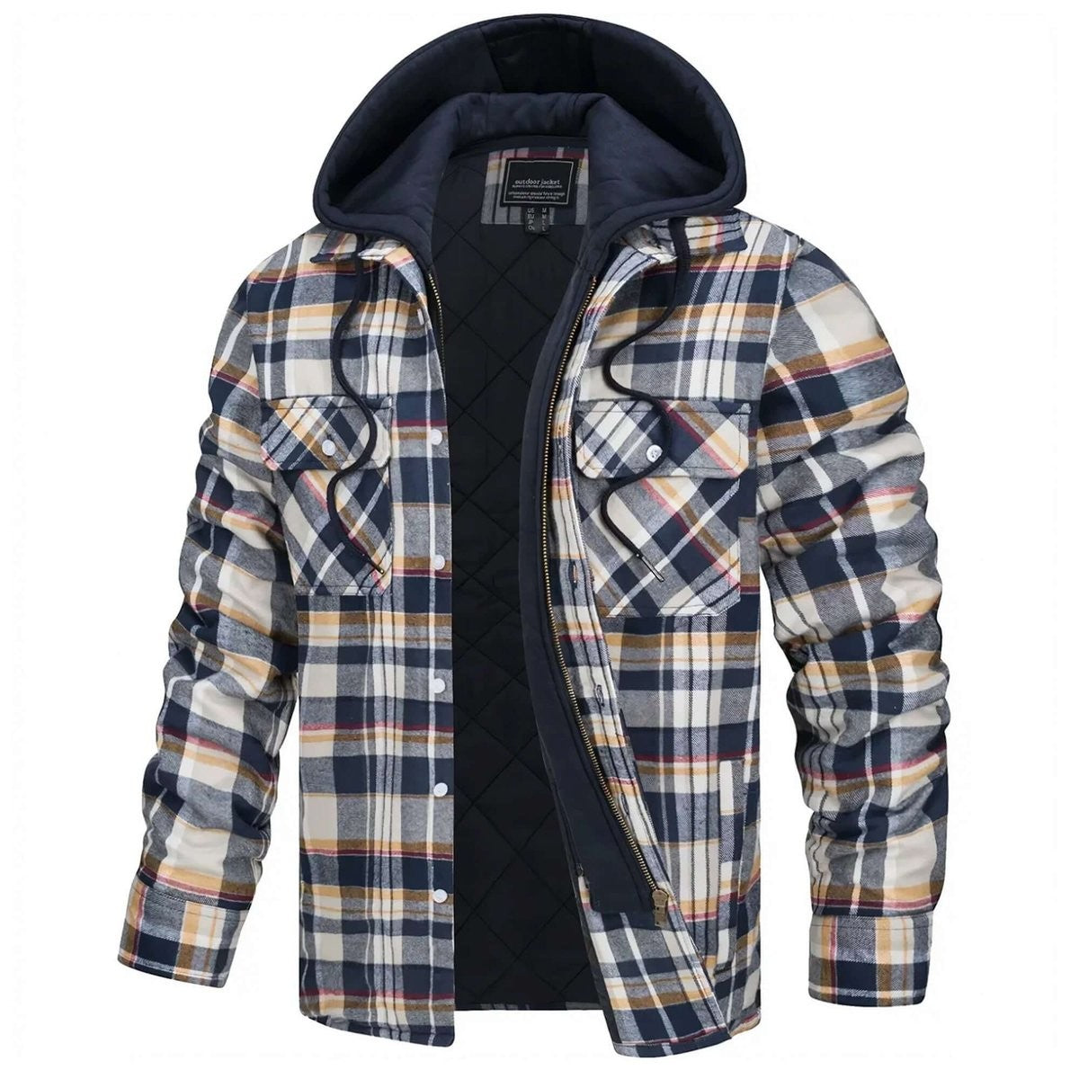 Navy check flannel shirt jacket with quilted lining and detachable hood