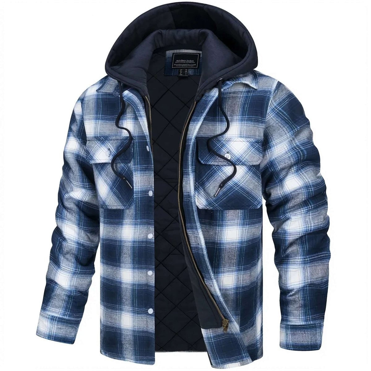 Navy check flannel shirt jacket displayed with hood and zip fastening