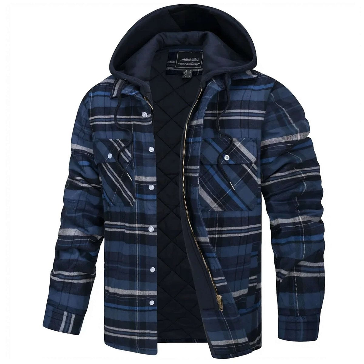Front view of navy checked flannel shirt jacket with drawstring hood