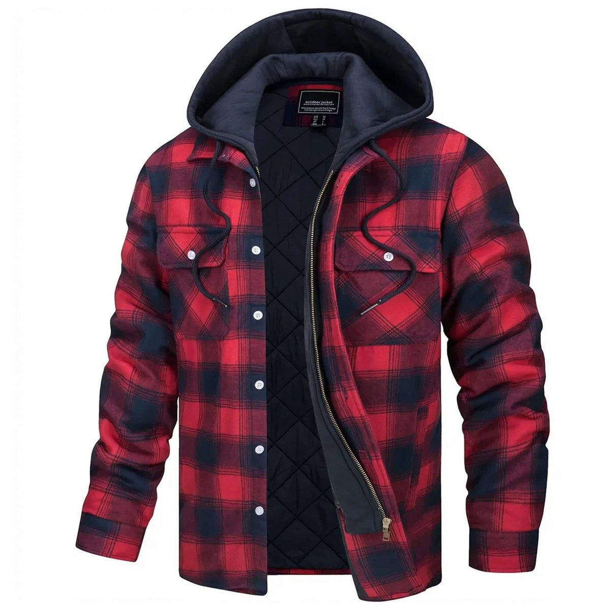 Red and navy checked flannel shirt jacket with quilted lining unzipped