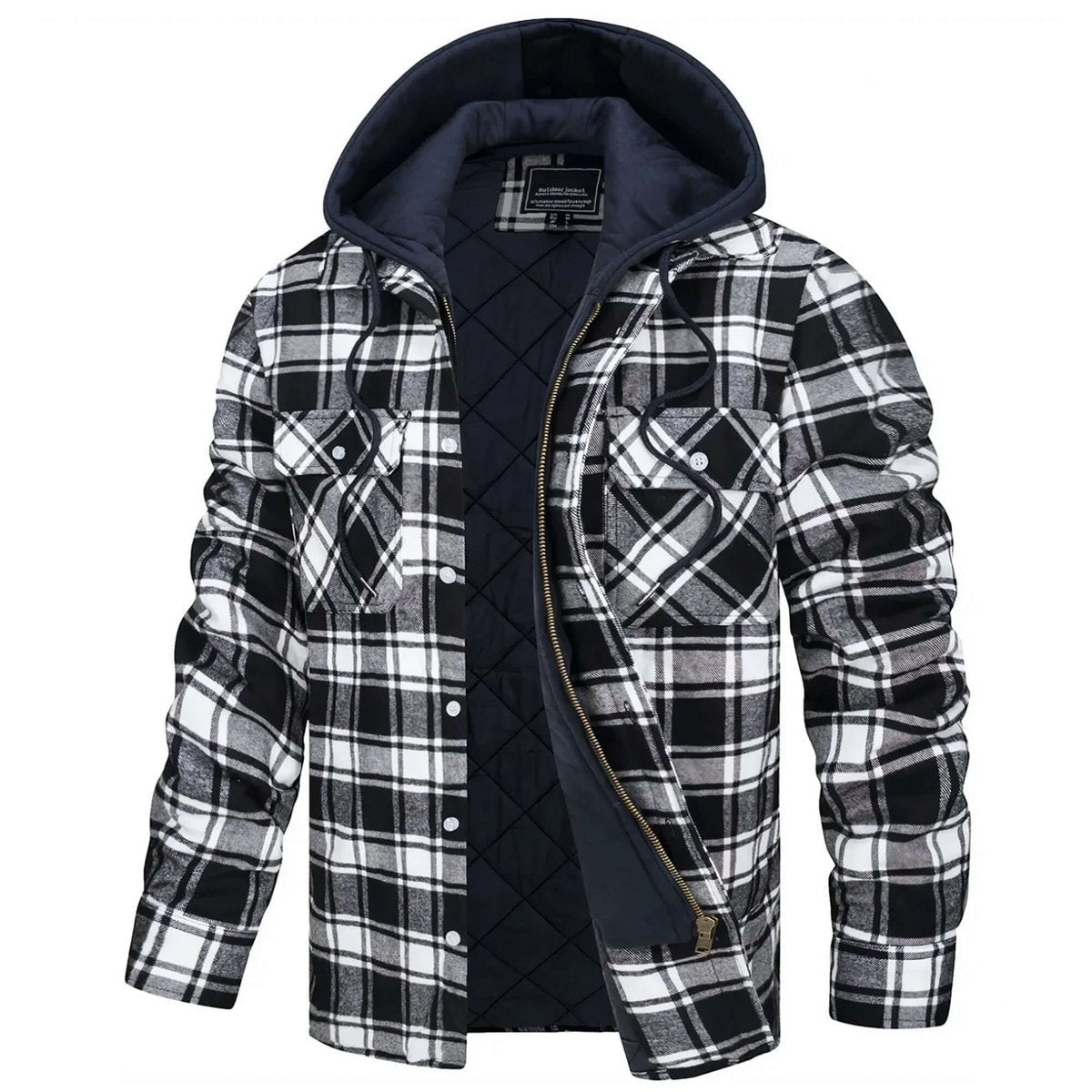 Black and white checked flannel shirt jacket with navy hood and lining