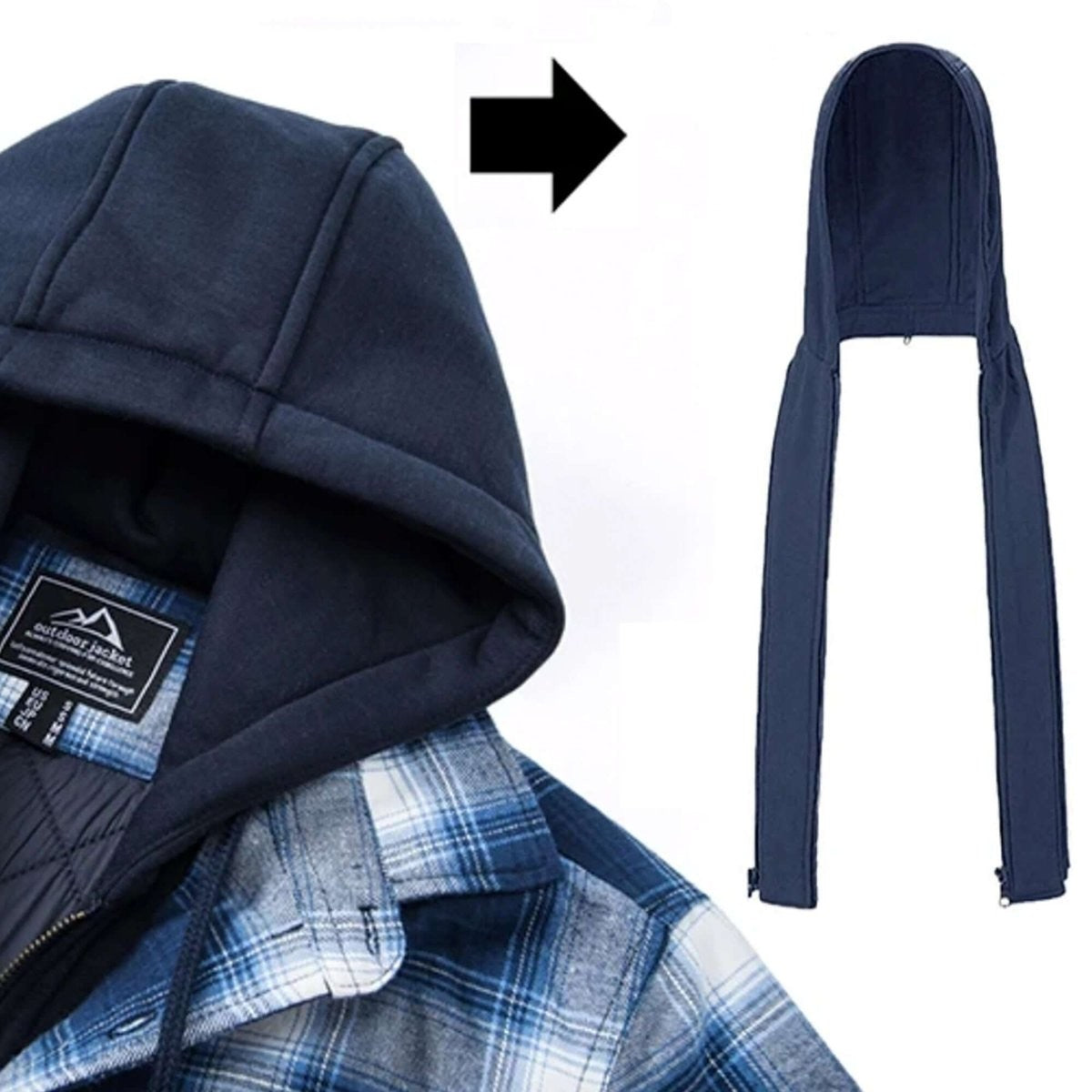 Detachable navy hood shown separately from checked flannel shirt jacket