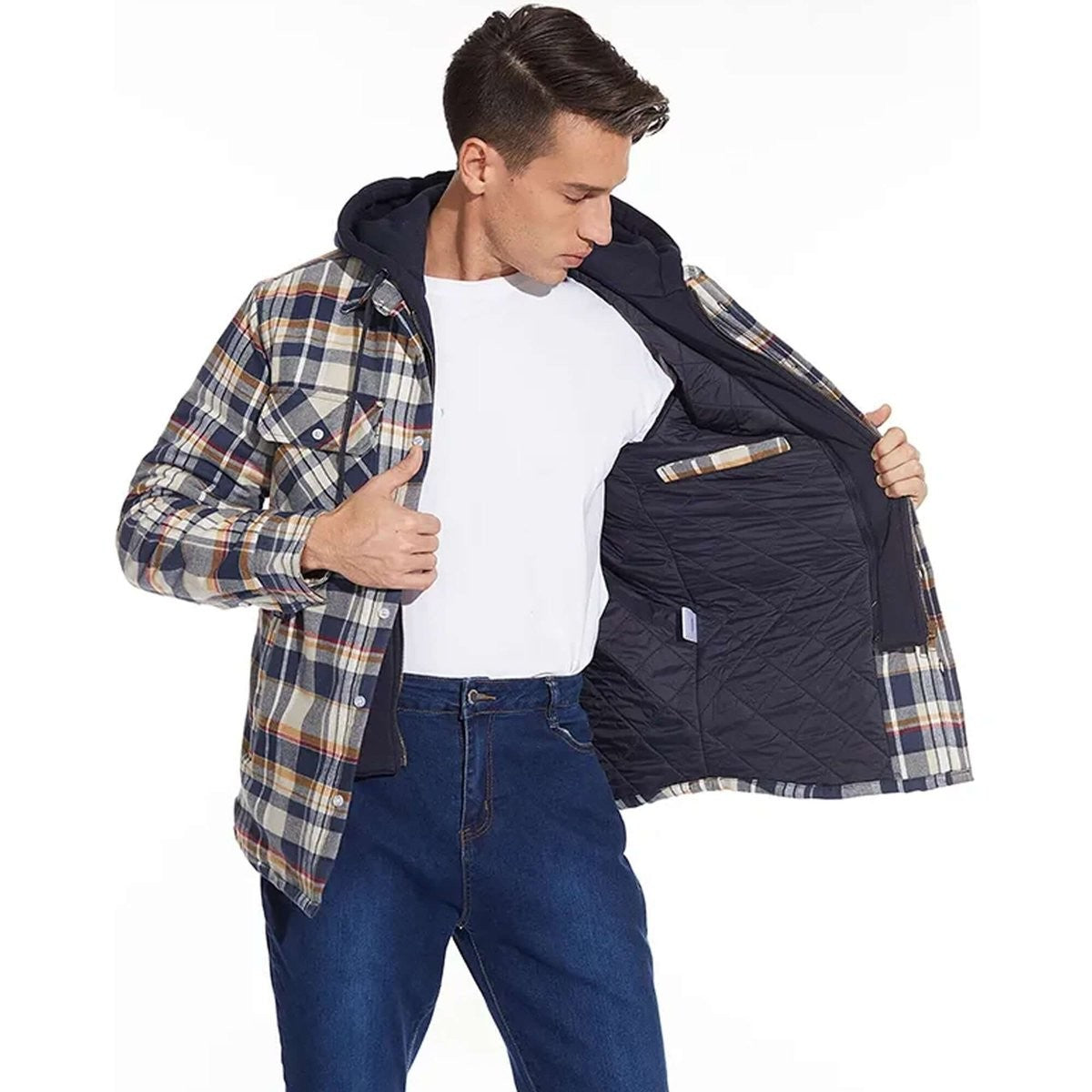 Man wearing checked flannel shirt jacket open over white t-shirt