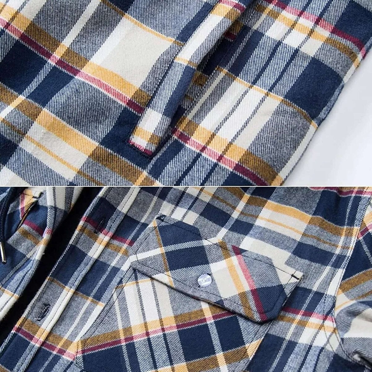 Close-up of navy and beige check flannel fabric with chest pocket detail
