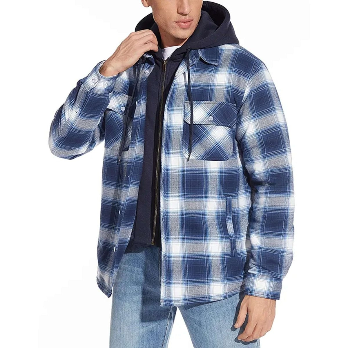 Man wearing blue check flannel shirt jacket with hood pulled up