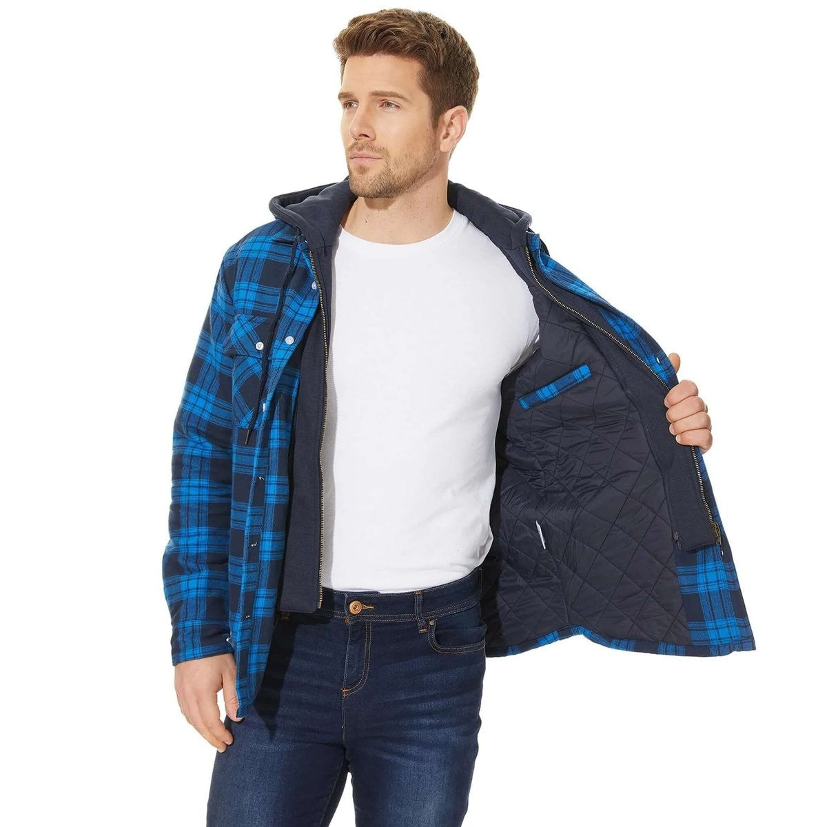 Blue check flannel jacket open showing quilted navy lining and zip