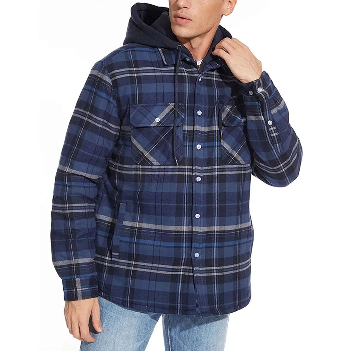 Man modelling navy blue checked flannel shirt jacket with hood down