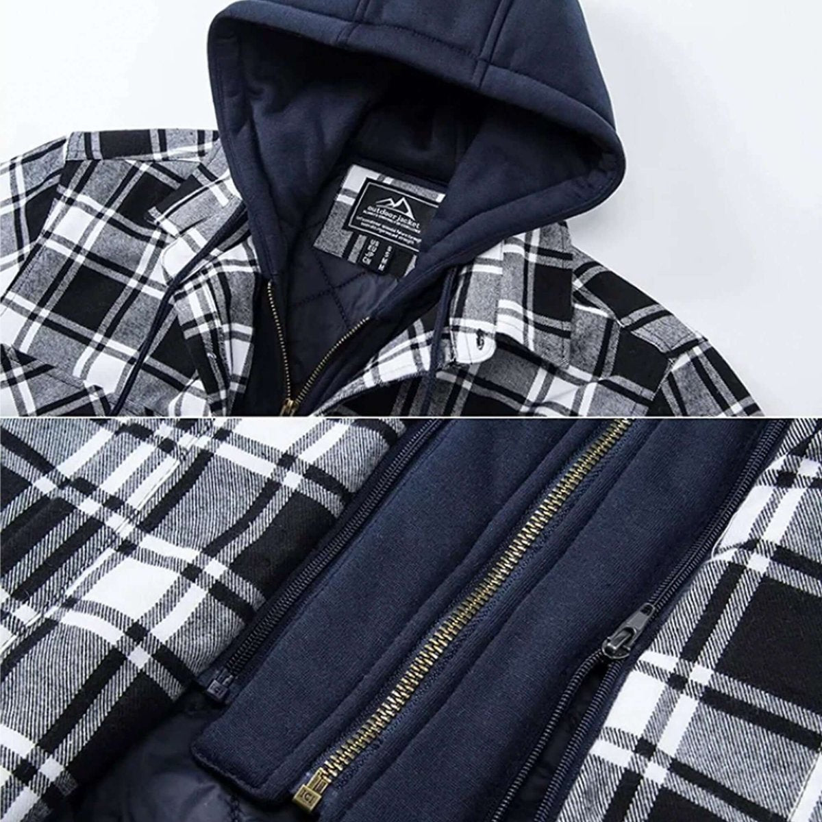 Close-up of hood lining and zip fastening on checked flannel jacket