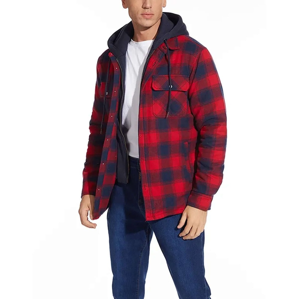 Man wearing red and navy checked flannel shirt jacket unzipped