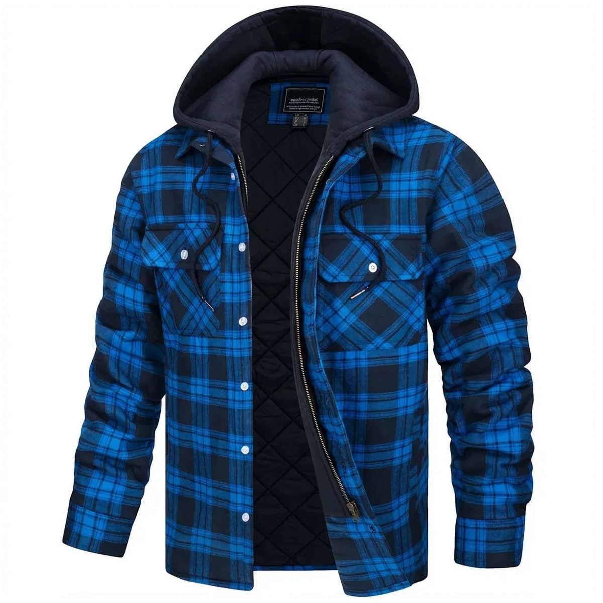 Blue and navy check flannel shirt jacket with hood and chest pockets