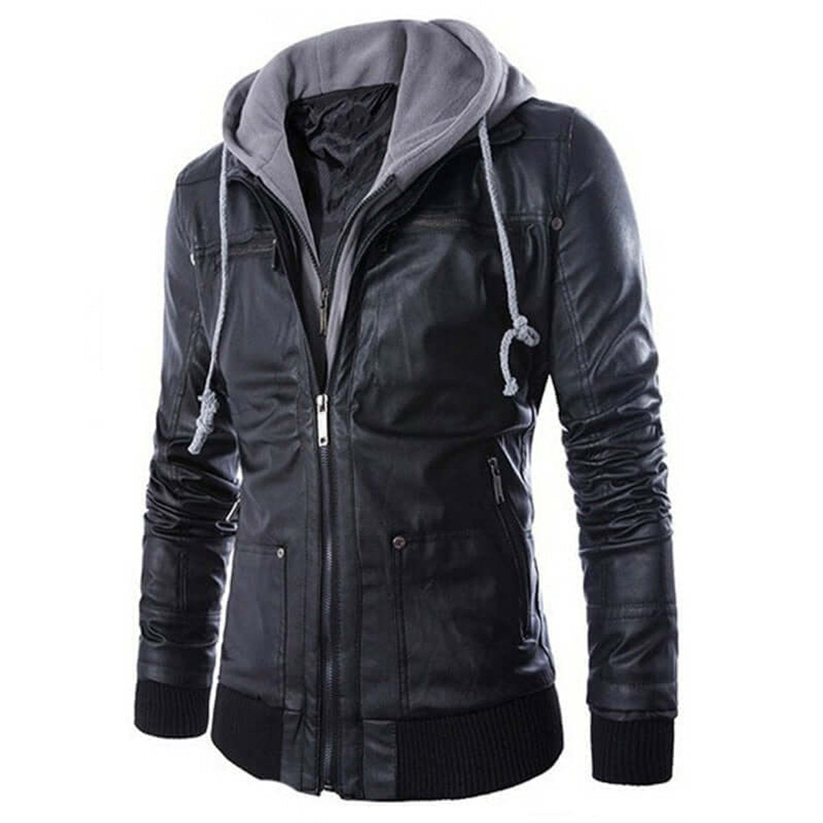 Men's black faux leather bomber jacket with detachable grey hood