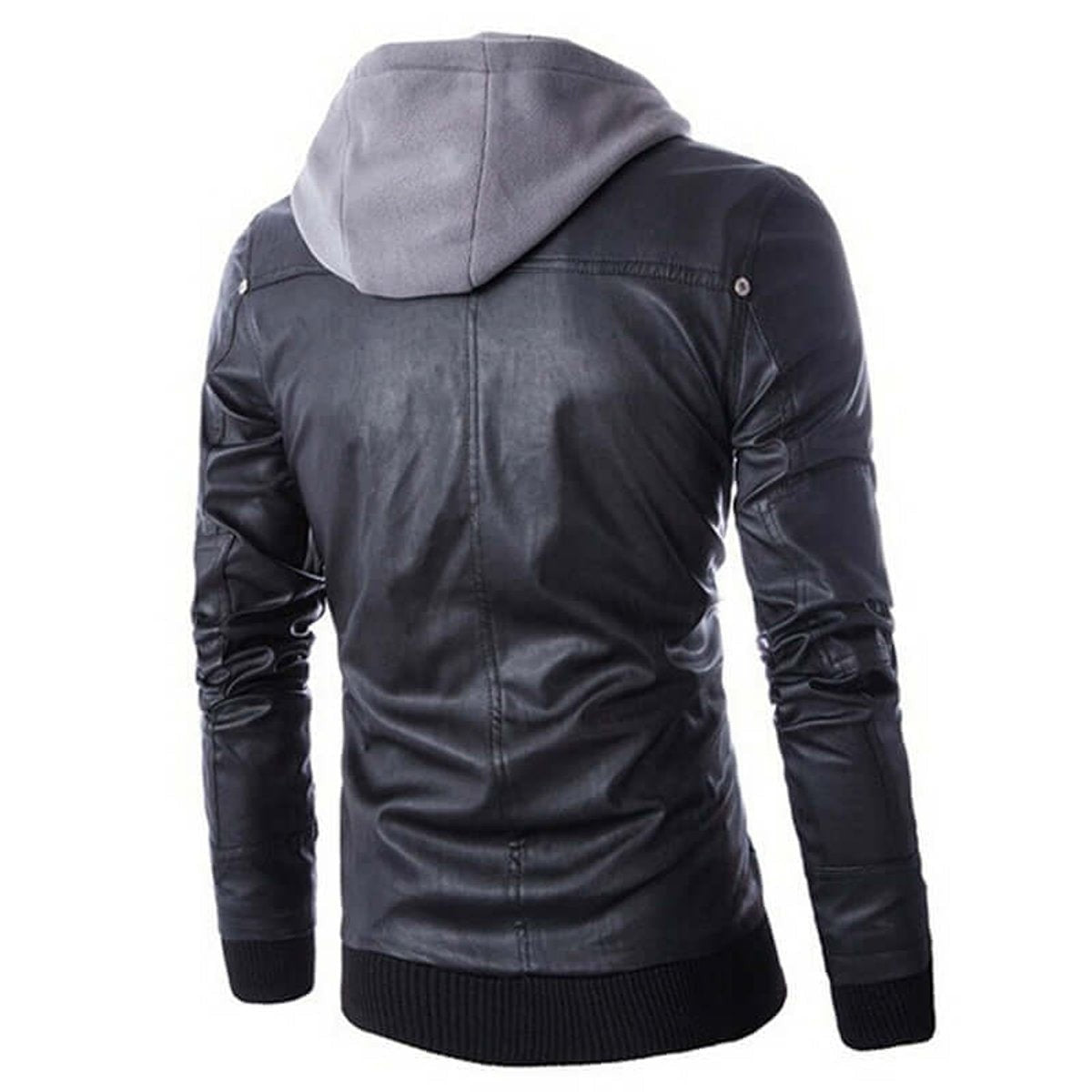 Black faux leather jacket back view showing grey hood and ribbed cuffs