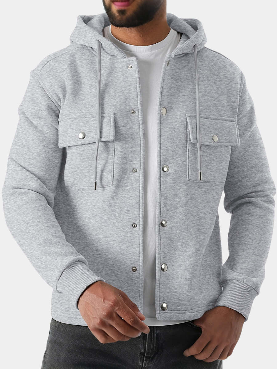 Grey marl hooded shacket with snap buttons and drawstring flap pockets