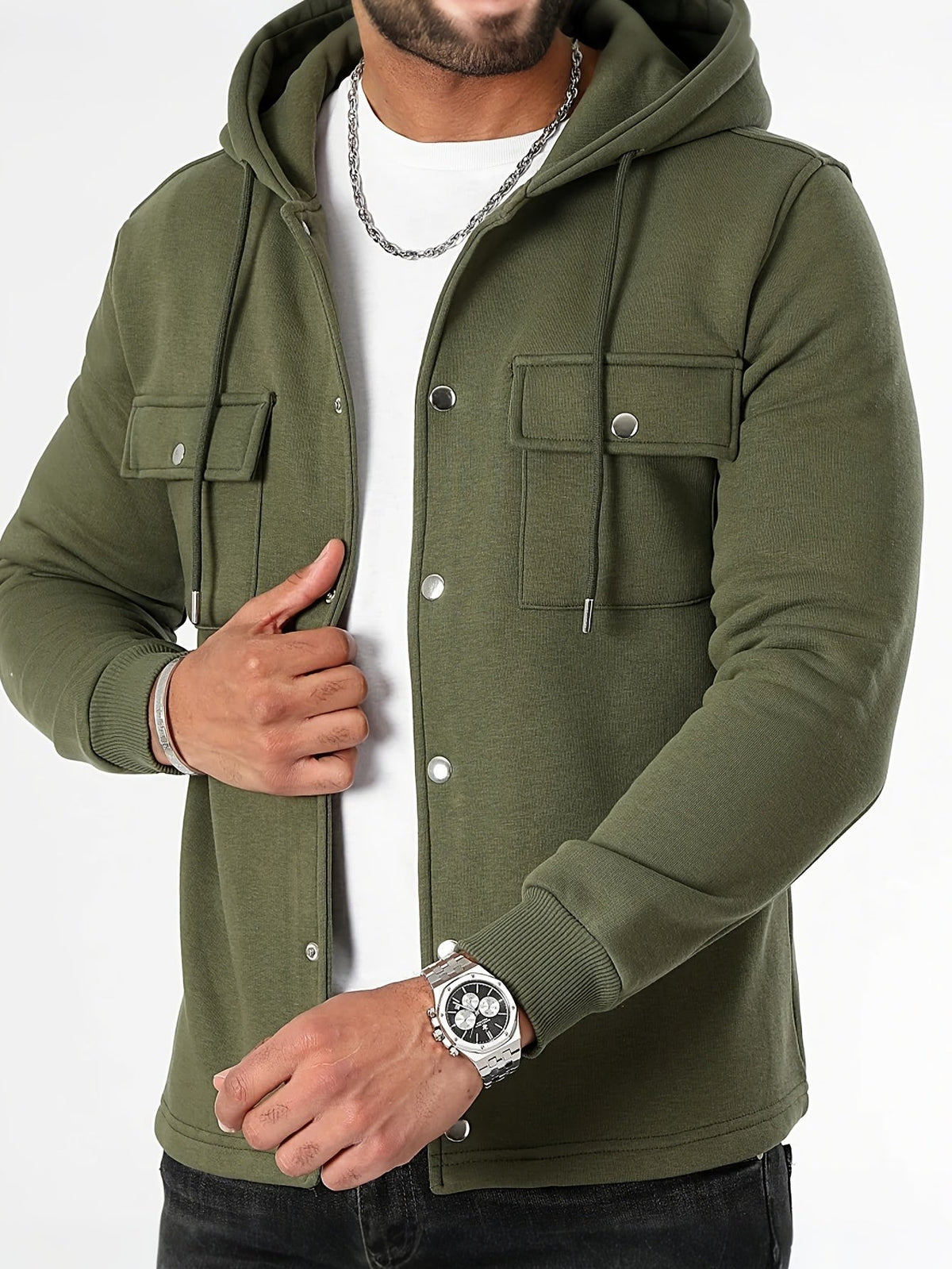 Olive green hooded shacket worn open over a white t-shirt