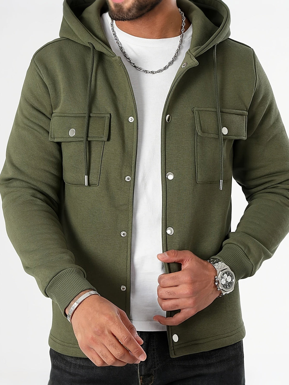 Olive green hooded shacket with silver snap buttons and drawstring hood