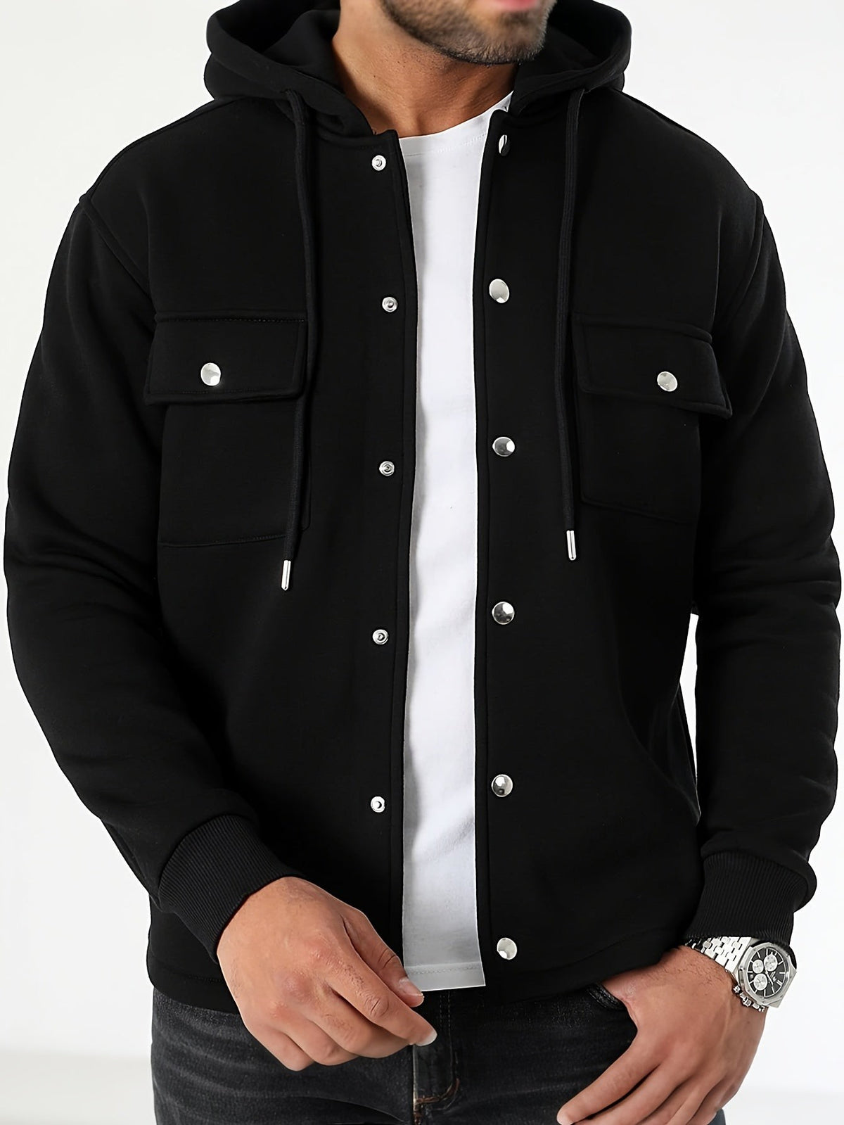 Black hooded shacket with silver press studs and drawstring hood