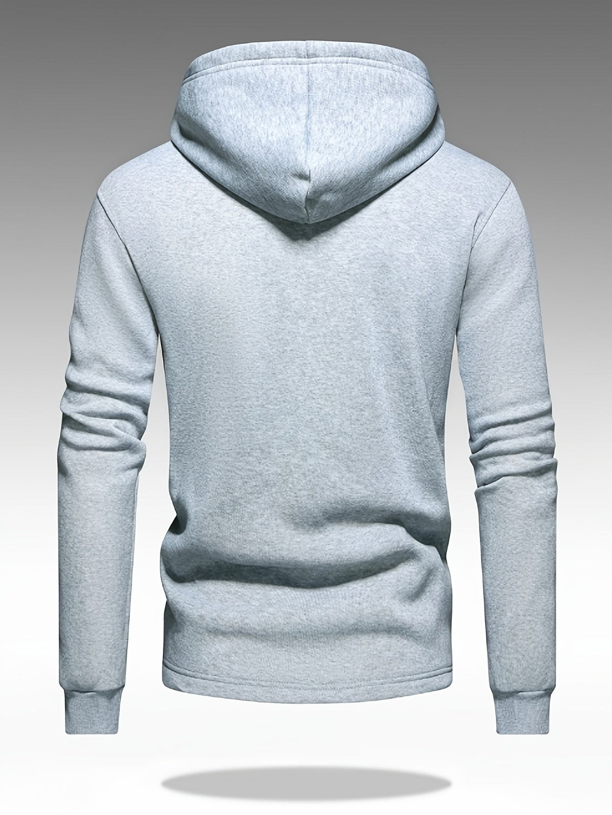 Light grey knit hoodie shown from behind with ribbed cuffs