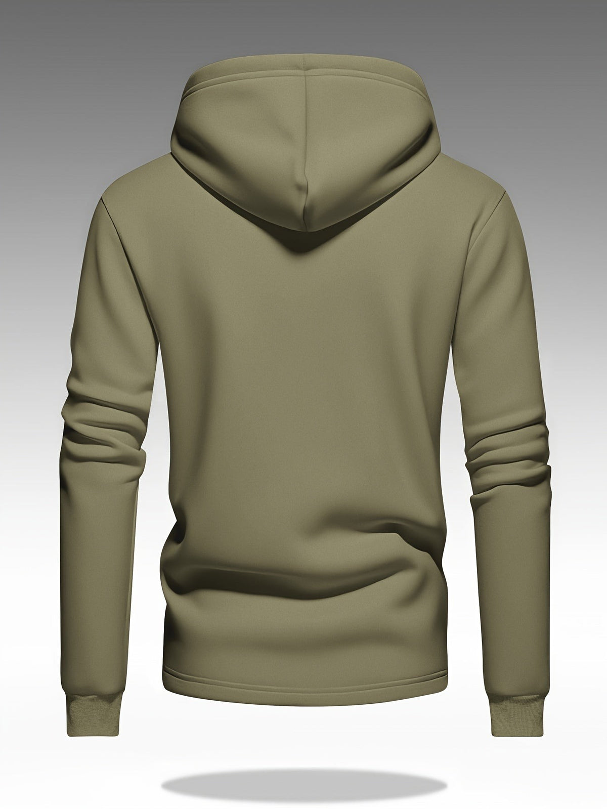 Olive green knit hoodie displayed from the rear with dropped hem