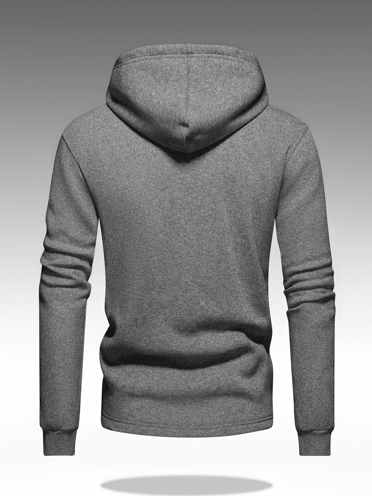 Dark grey knit hoodie back view highlighting relaxed fit and hood