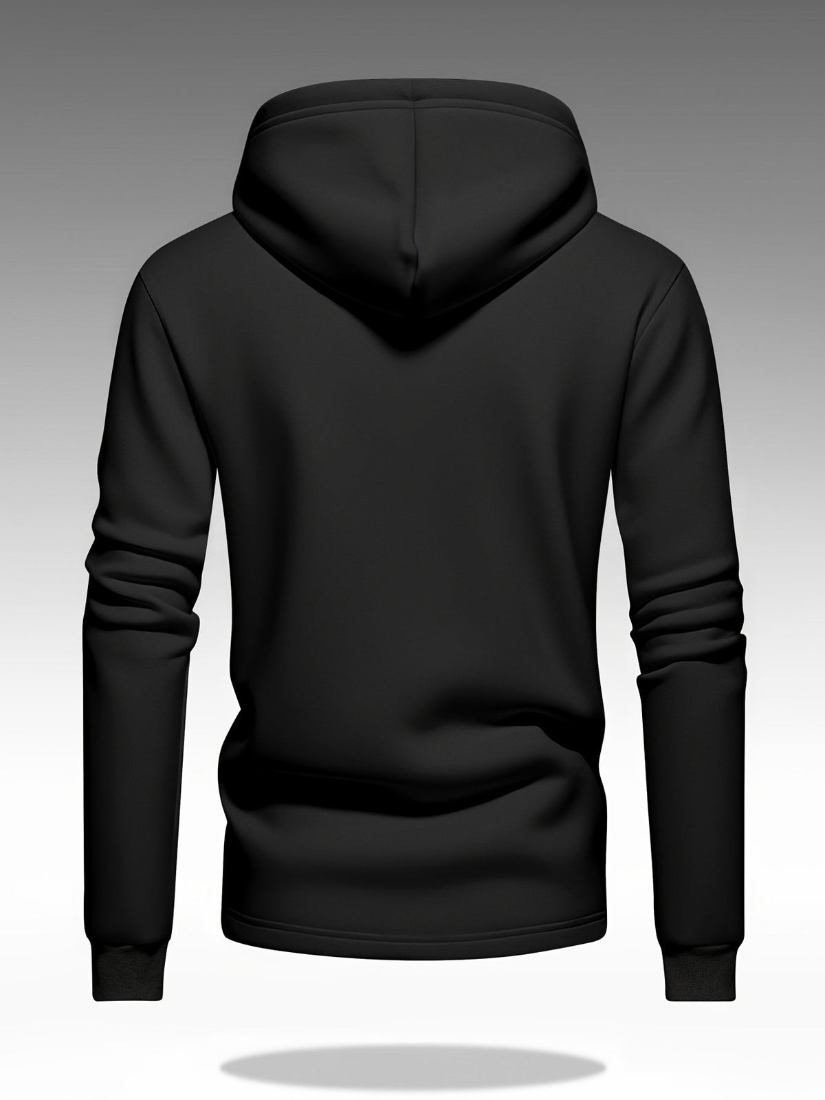 Black knit hoodie rear view showing plain design and long sleeves
