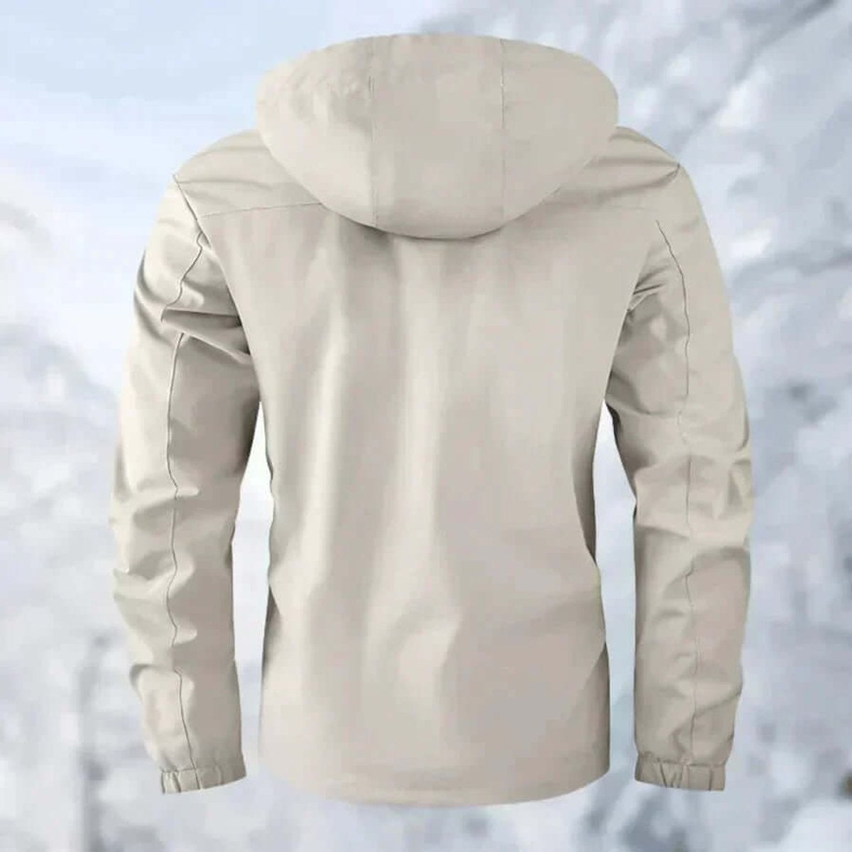 Beige hooded softshell jacket shown from behind against snowy backdrop