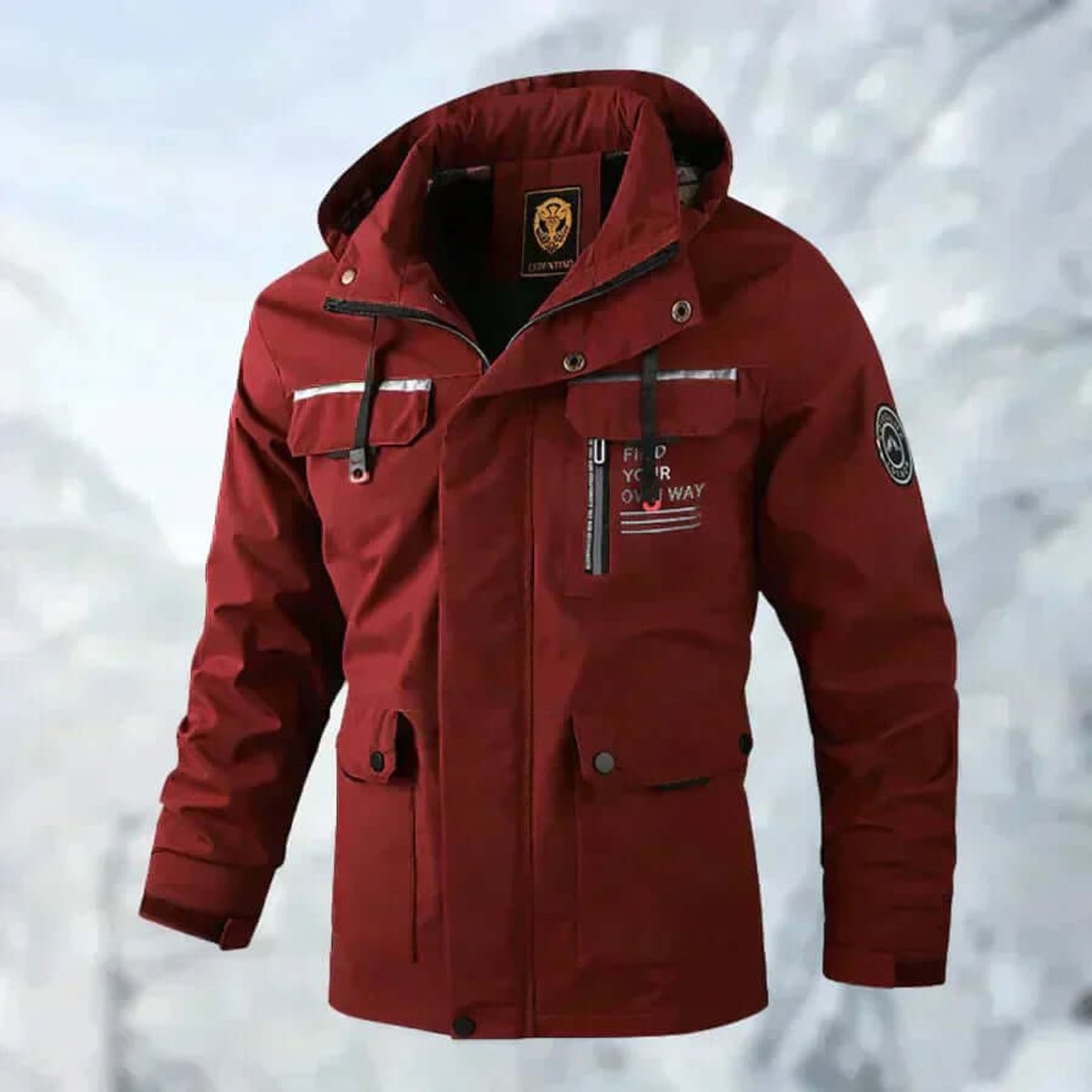 Burgundy hooded jacket with cargo pockets and reflective trim accents