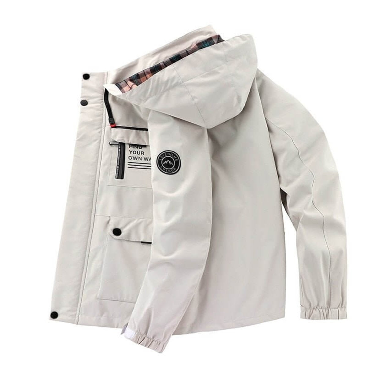 Side view of stone jacket highlighting zip pocket and hood detail