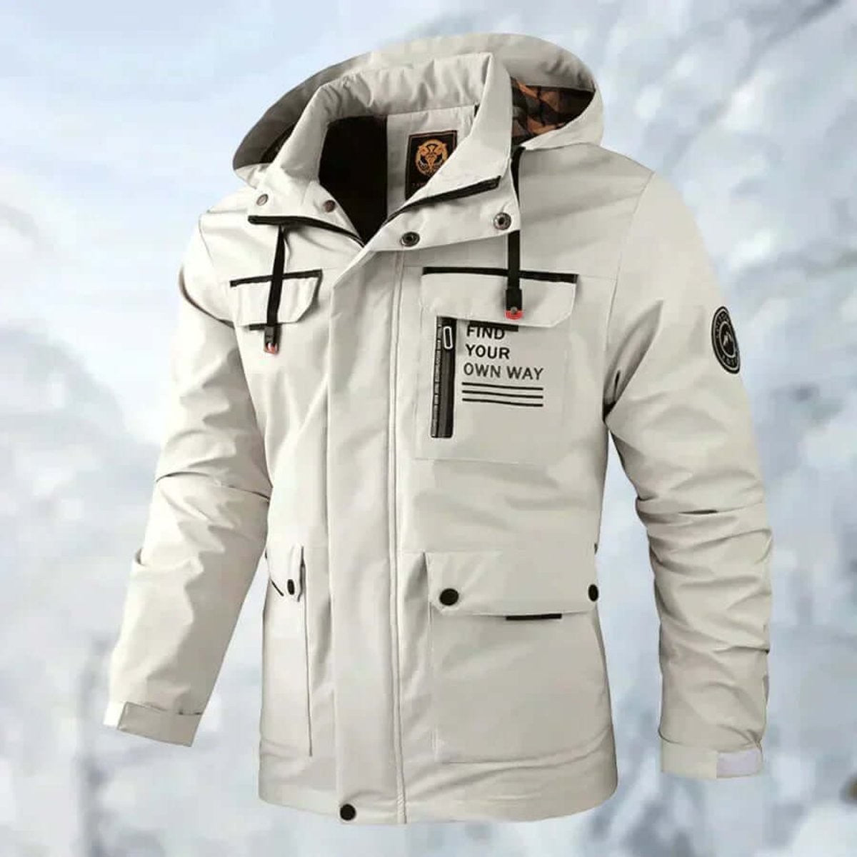 Stone hooded jacket with multiple cargo pockets and branded sleeve patch