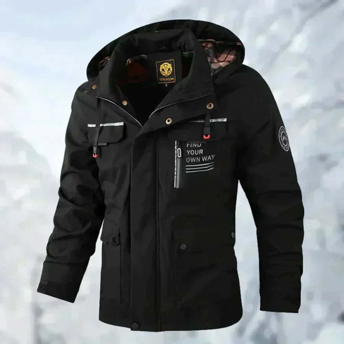 Black hooded jacket featuring cargo pockets and reflective strap detailing