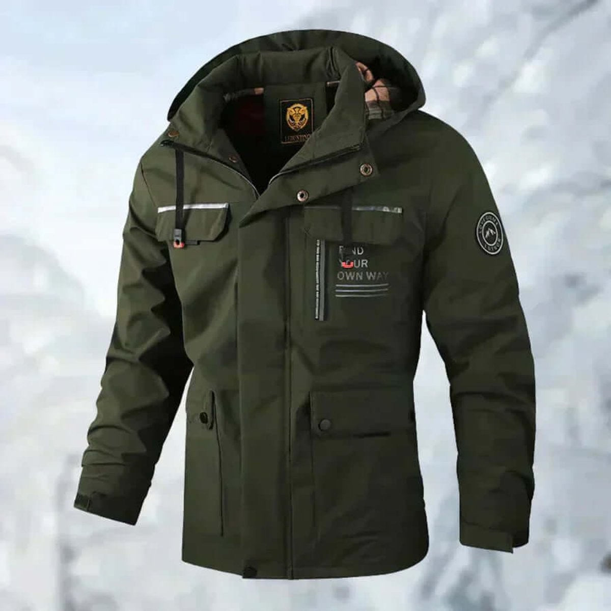 Khaki green hooded jacket with utility pockets and drawstring hood