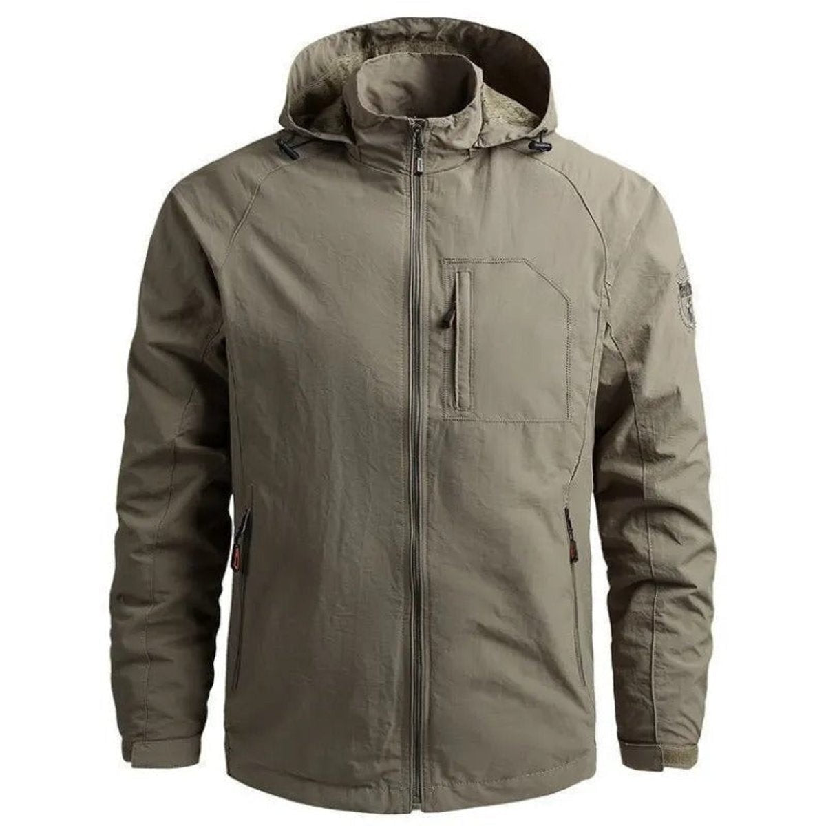 Khaki hooded bomber jacket with zip pockets and fleece-lined hood, flat lay