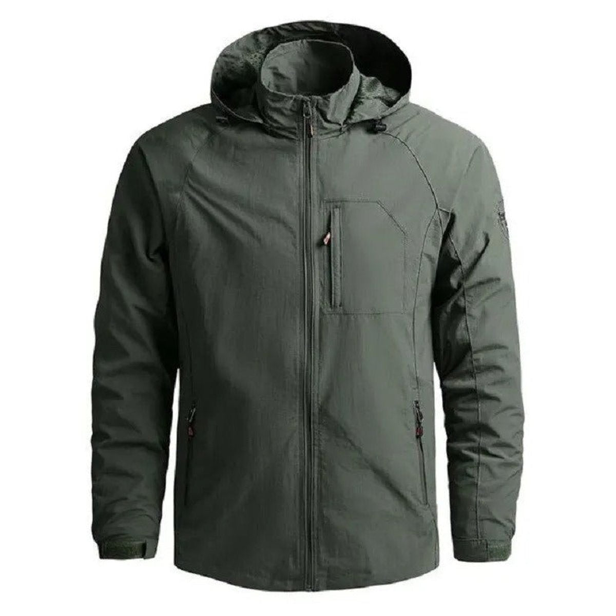 Olive green waterproof bomber jacket with hood and multiple zip pockets