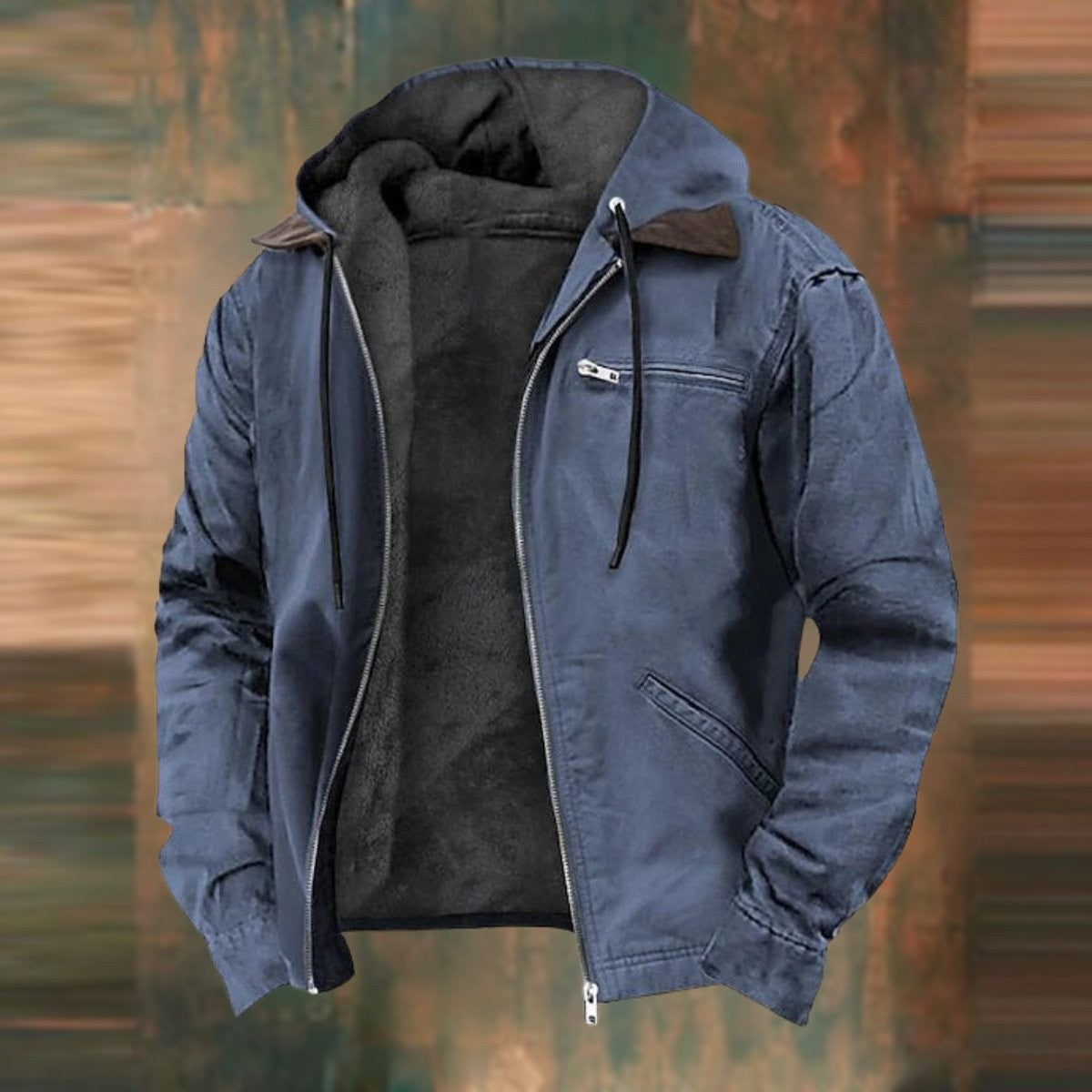 Navy fleece-lined hooded bomber jacket with zip pockets and drawstring hood