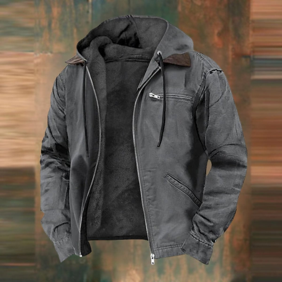 Charcoal grey fleece-lined hooded bomber jacket with contrast collar detail