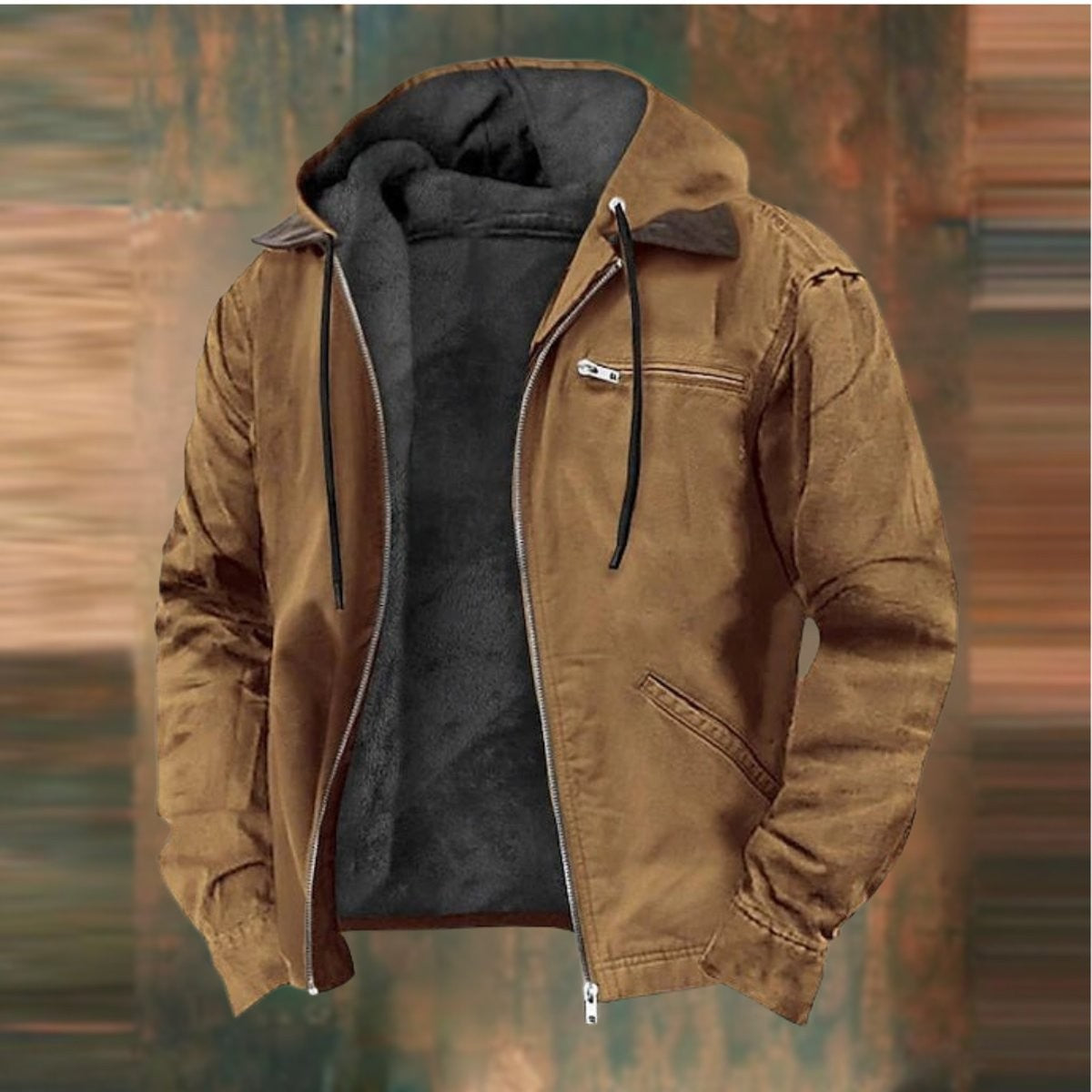 Tan brown fleece-lined hooded bomber jacket with front zip and pockets