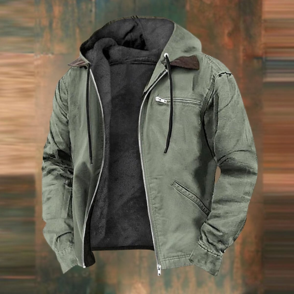 Khaki green fleece-lined hooded bomber jacket with adjustable drawstring hood