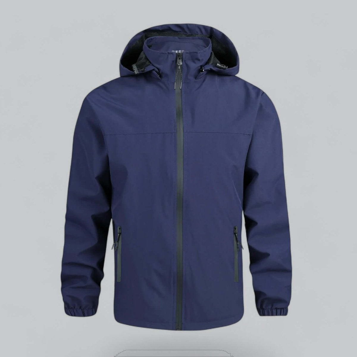 Navy waterproof hooded jacket with zip pockets, front view