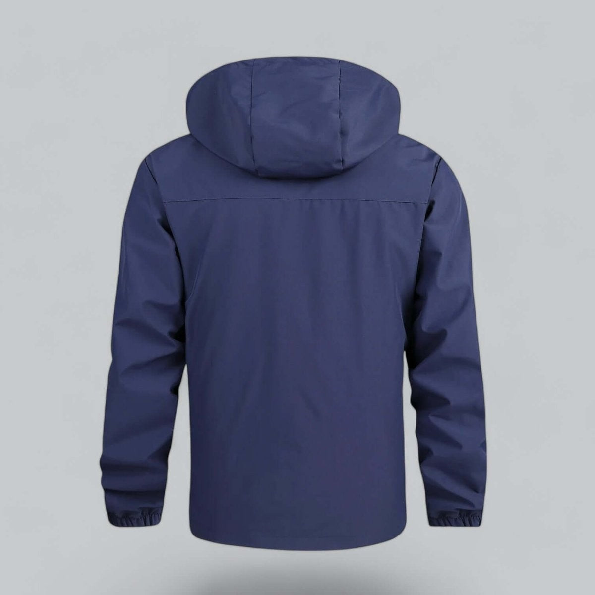 Navy hooded windproof jacket showing back panel and hood
